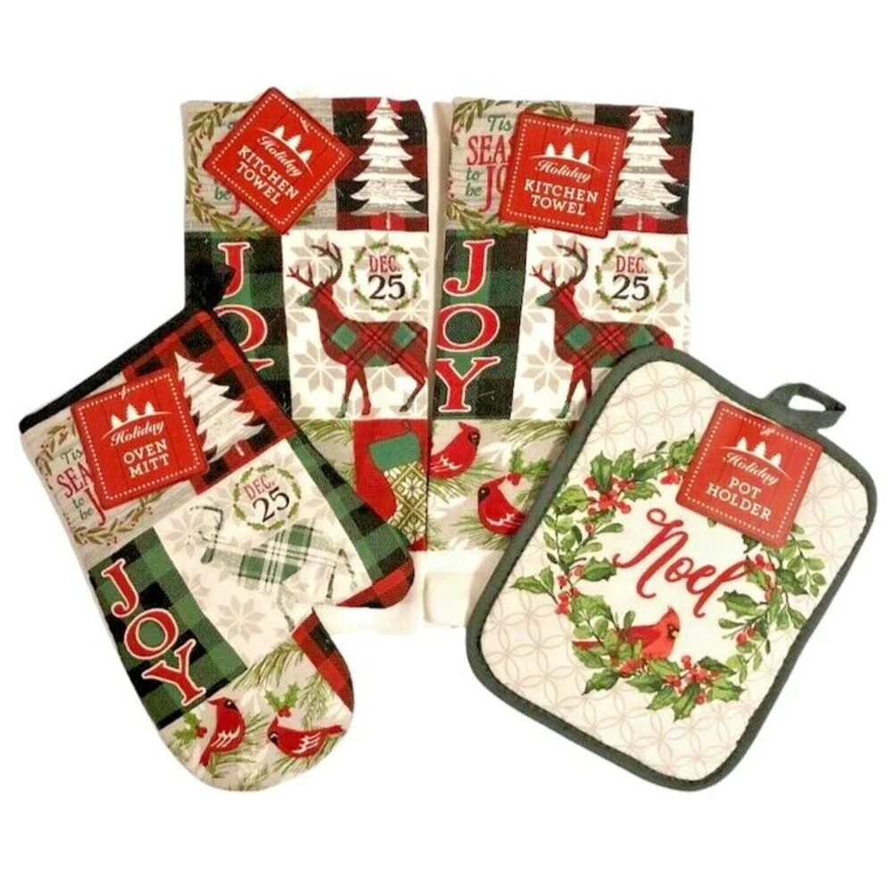 Christmas Tree Kitchen Dish Towels Potholder Oven Mitt Set of 4 Joy Noel